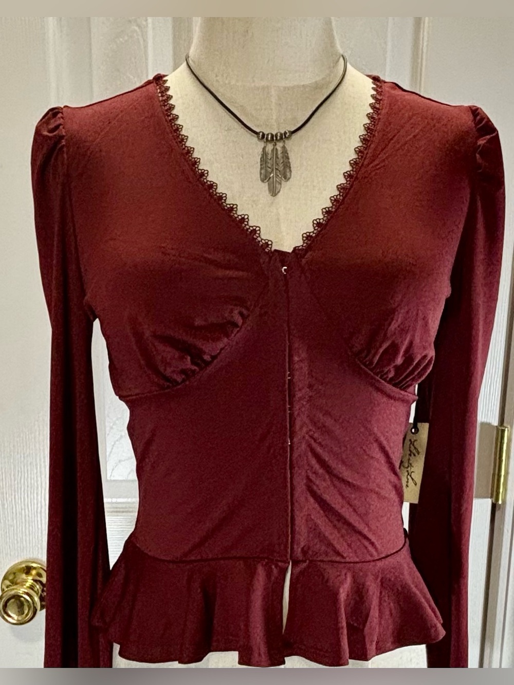 Liberty Love Womens Deep Burgundy Long Sleeve Lace Trim Peplum Top Size S, M, XL